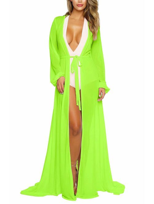 Pink Queen Women's Long Sleeve Flowy Maxi Bathing Suit Swimsuit Tie Front Robe Cover Up