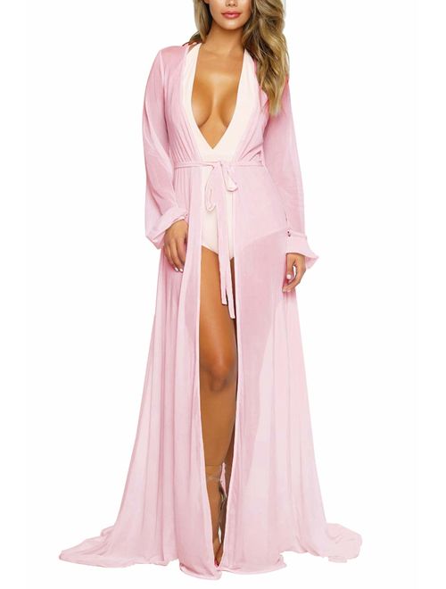 Pink Queen Women's Long Sleeve Flowy Maxi Bathing Suit Swimsuit Tie Front Robe Cover Up