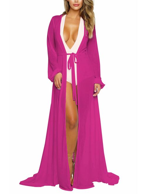 Pink Queen Women's Long Sleeve Flowy Maxi Bathing Suit Swimsuit Tie Front Robe Cover Up