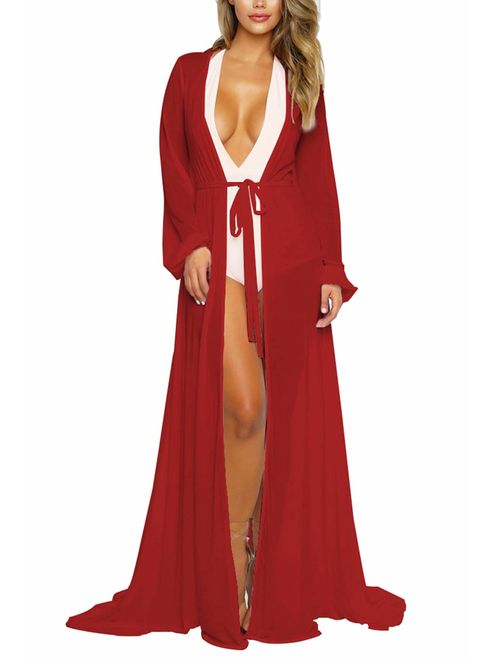 Pink Queen Women's Long Sleeve Flowy Maxi Bathing Suit Swimsuit Tie Front Robe Cover Up