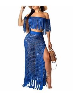 Ophestin Women Off Shoulder Crochet Tassel Beach Cover Up 2 Piece Maxi Skirt Set