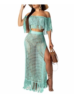 Ophestin Women Off Shoulder Crochet Tassel Beach Cover Up 2 Piece Maxi Skirt Set