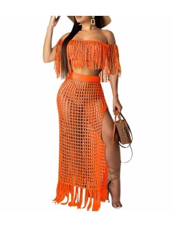 Ophestin Women Off Shoulder Crochet Tassel Beach Cover Up 2 Piece Maxi Skirt Set