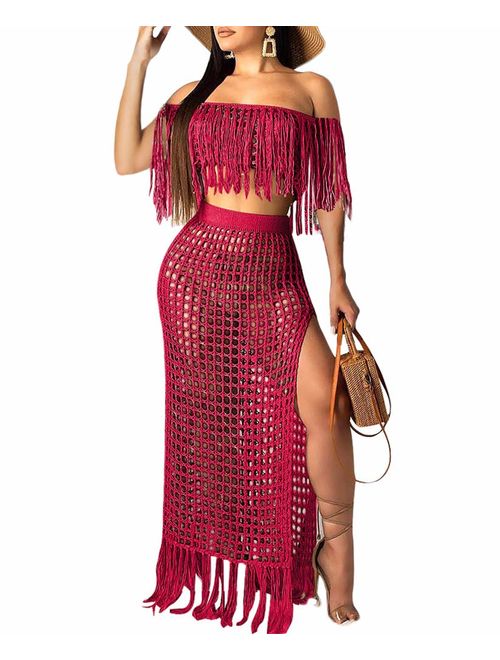 Ophestin Women Off Shoulder Crochet Tassel Beach Cover Up 2 Piece Maxi Skirt Set