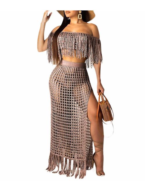 Ophestin Women Off Shoulder Crochet Tassel Beach Cover Up 2 Piece Maxi Skirt Set