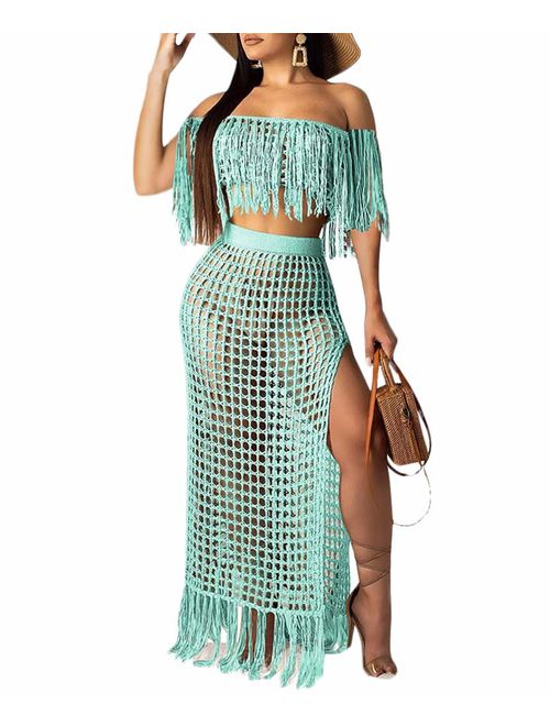 Ophestin Women Off Shoulder Crochet Tassel Beach Cover Up 2 Piece Maxi Skirt Set