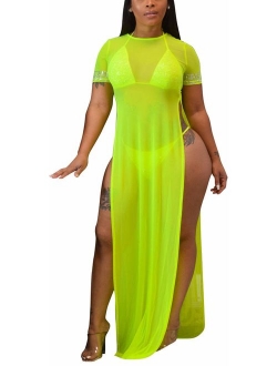 sexycherry Women's Sexy Sleeveless Swimsuit Cover Up Summer Casual See Through Sheer Long Maxi Dresses Plus Size Swimwear