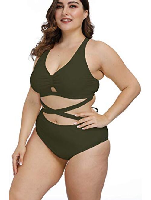 Kisscynest Women's Plus Size Swimwear 2 Piece High Waisted Swimsuit Bathing Suit