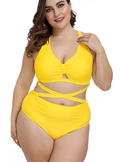 Kisscynest Women's Plus Size Swimwear 2 Piece High Waisted Swimsuit Bathing Suit