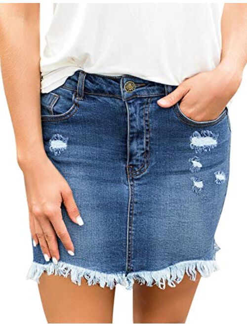 luvamia Women's Casual Mid Waisted Washed Frayed Pockets Denim Jean Short Skirt