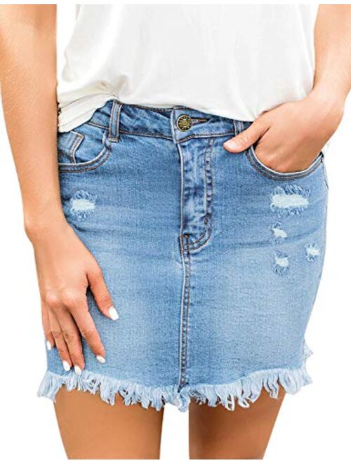 luvamia Women's Casual Mid Waisted Washed Frayed Pockets Denim Jean Short Skirt