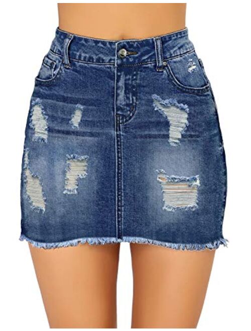 luvamia Women's Casual Mid Waisted Washed Frayed Pockets Denim Jean Short Skirt