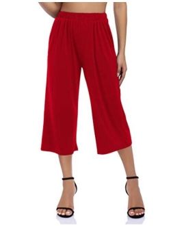 GlorySunshine Women's Elastic Waist Solid Palazzo Casual Wide Leg Pants with Pockets