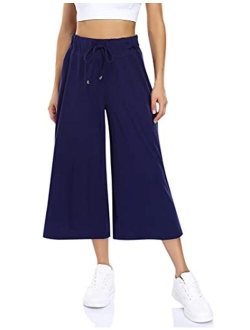 GlorySunshine Women's Elastic Waist Solid Palazzo Casual Wide Leg Pants with Pockets