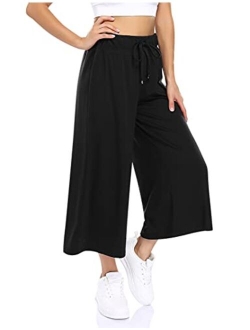 GlorySunshine Women's Elastic Waist Solid Palazzo Casual Wide Leg Pants with Pockets