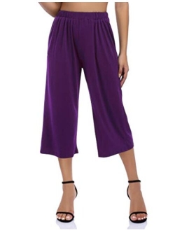 GlorySunshine Women's Elastic Waist Solid Palazzo Casual Wide Leg Pants with Pockets