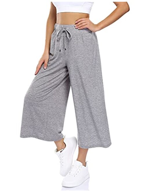 GlorySunshine Women's Elastic Waist Solid Palazzo Casual Wide Leg Pants with Pockets