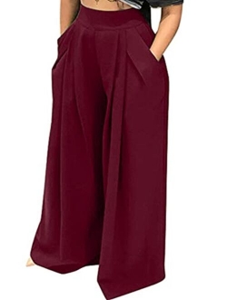 NRTHYE Womens Palazzo Long Pants High Waist Wide Leg Stretchy Loose Fit Casual Trousers with Pocket