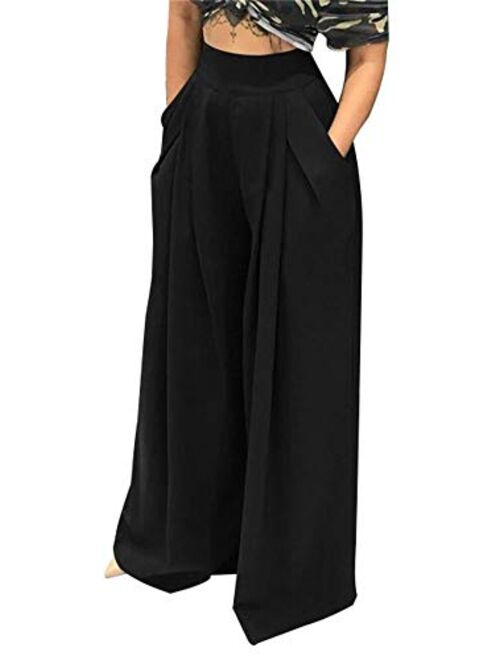 NRTHYE Womens Palazzo Long Pants High Waist Wide Leg Stretchy Loose Fit Casual Trousers with Pocket