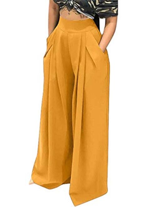 NRTHYE Womens Palazzo Long Pants High Waist Wide Leg Stretchy Loose Fit Casual Trousers with Pocket