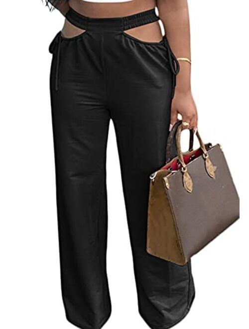 NRTHYE Womens Palazzo Long Pants High Waist Wide Leg Stretchy Loose Fit Casual Trousers with Pocket