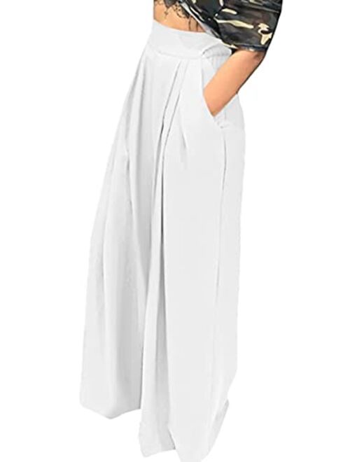 NRTHYE Womens Palazzo Long Pants High Waist Wide Leg Stretchy Loose Fit Casual Trousers with Pocket