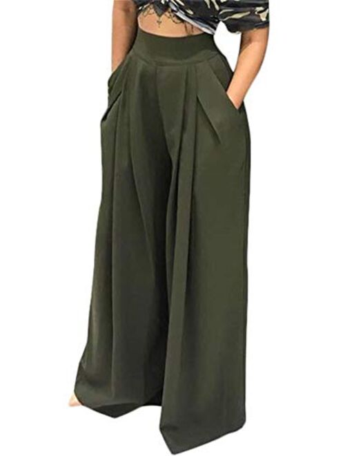 NRTHYE Womens Palazzo Long Pants High Waist Wide Leg Stretchy Loose Fit Casual Trousers with Pocket