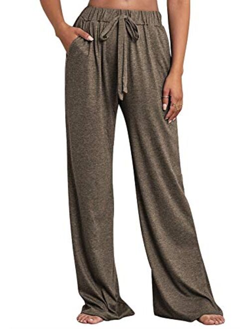 NRTHYE Womens Palazzo Long Pants High Waist Wide Leg Stretchy Loose Fit Casual Trousers with Pocket