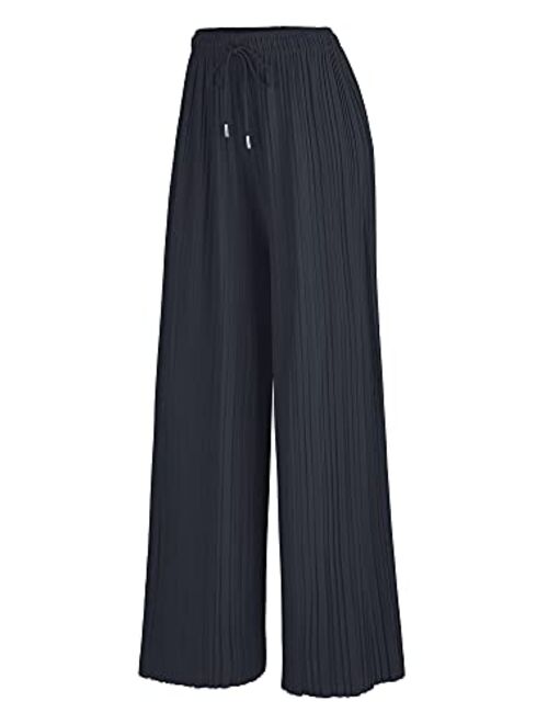 Lock and Love Women's Ankle/Maxi Pleated Wide Leg Palazzo Pants with Drawstring/Elastic Band