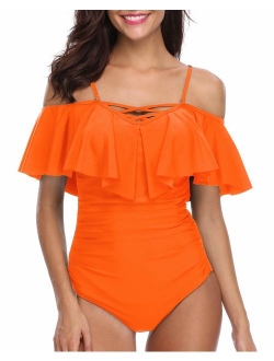 Holipick Sexy One Piece Swimsuits for Women Tummy Control Off Shoulder Flounce Ruffle Bathing Suit