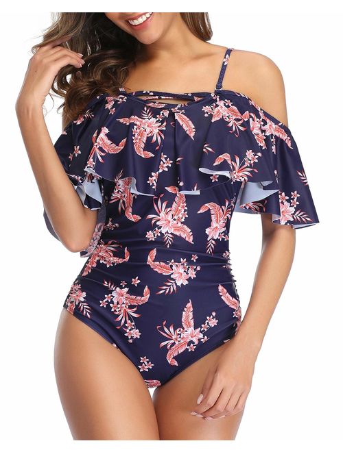 Holipick Sexy One Piece Swimsuits for Women Tummy Control Off Shoulder Flounce Ruffle Bathing Suit