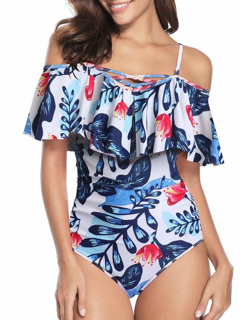 Holipick Sexy One Piece Swimsuits for Women Tummy Control Off Shoulder Flounce Ruffle Bathing Suit