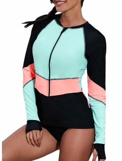 Aleumdr Womens Zip Front Long Sleeve Rashguard Shirt Color Block Print Tankini Swimsuit No Bottom