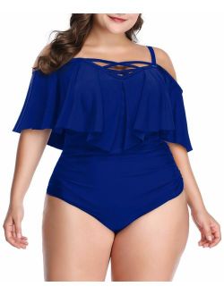 Daci Plus Size Swimsuit for Women One Piece Ruched Flounce Lace Up Bathing Suit