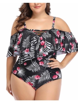 Daci Plus Size Swimsuit for Women One Piece Ruched Flounce Lace Up Bathing Suit