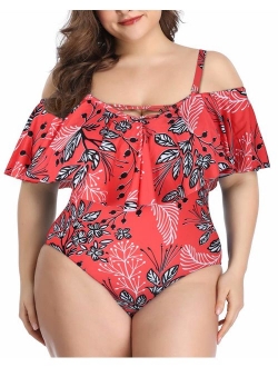 Daci Plus Size Swimsuit for Women One Piece Ruched Flounce Lace Up Bathing Suit