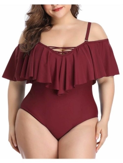 Daci Plus Size Swimsuit for Women One Piece Ruched Flounce Lace Up Bathing Suit