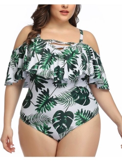 Daci Plus Size Swimsuit for Women One Piece Ruched Flounce Lace Up Bathing Suit