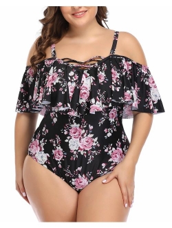 Daci Plus Size Swimsuit for Women One Piece Ruched Flounce Lace Up Bathing Suit