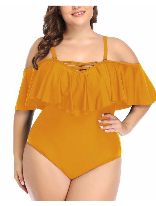 Daci Plus Size Swimsuit for Women One Piece Ruched Flounce Lace Up Bathing Suit