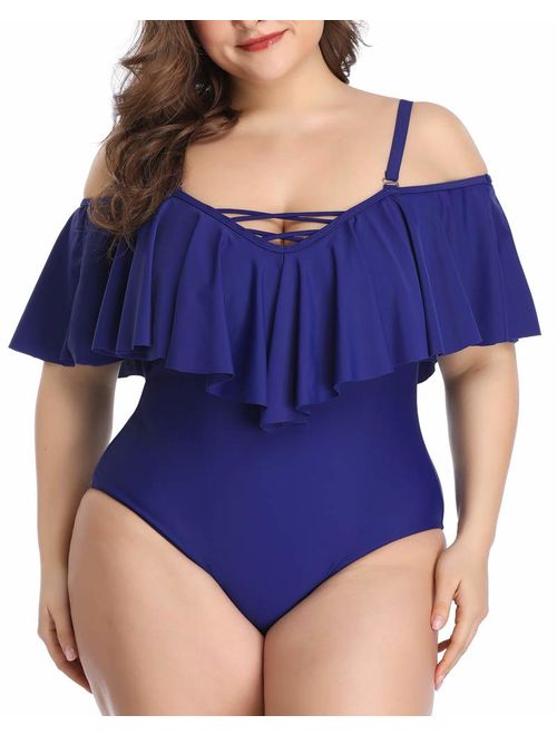 Daci Plus Size Swimsuit for Women One Piece Ruched Flounce Lace Up Bathing Suit