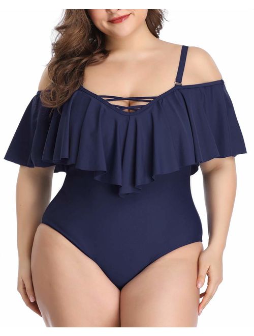 Daci Plus Size Swimsuit for Women One Piece Ruched Flounce Lace Up Bathing Suit