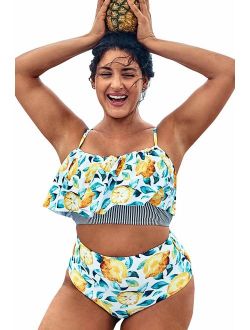 Women's Plus Size Bikini Set Leaf Lemon Printed Ruffles Swimsuit