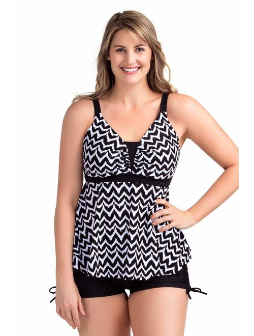 Perona Women's Two Piece Swimwear Sexy V Neck Tummy Control Tankini Plus Size Swimsuit