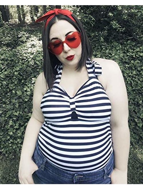 Two Piece Plus Size Swimsuit Women Black and White Striped Tankini Girls Bathing Suit Halter Swimwear