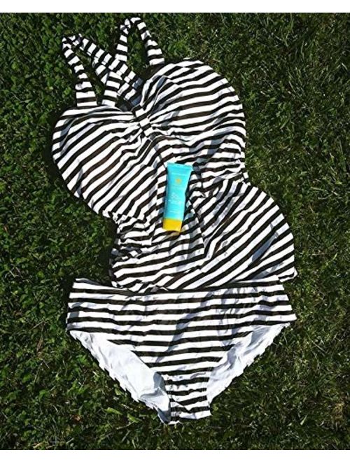 Two Piece Plus Size Swimsuit Women Black and White Striped Tankini Girls Bathing Suit Halter Swimwear