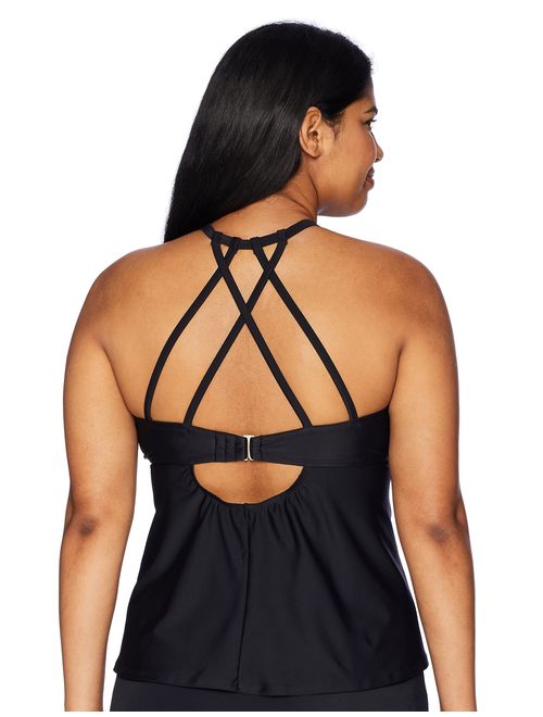 Amazon Brand - Coastal Blue Women's Plus Size Highneck Halter Tankini Top with Strappy Back