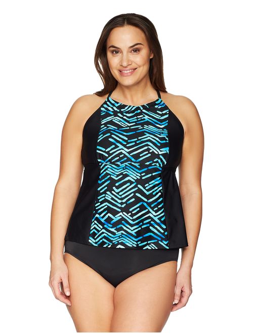 Amazon Brand - Coastal Blue Women's Plus Size Highneck Halter Tankini Top with Strappy Back