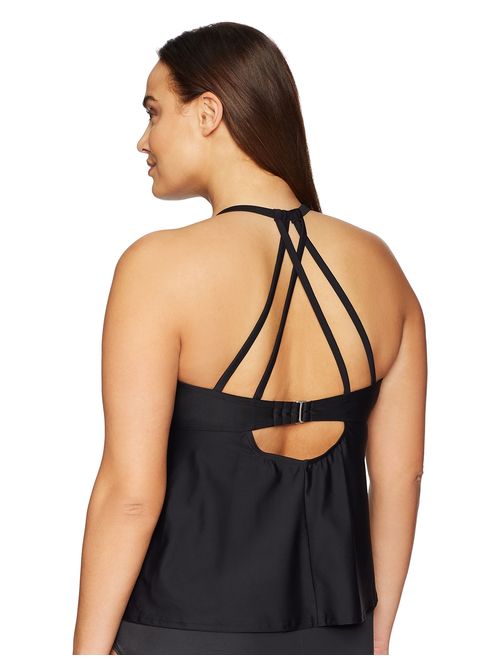 Amazon Brand - Coastal Blue Women's Plus Size Highneck Halter Tankini Top with Strappy Back