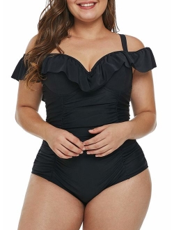 Acelitt Women's Plus Size Solid Black Swimsuit Monokini Plus Size Swimwear (M-XXXL)